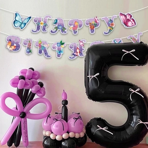 Cartoon Purple Butterfly Happy Birthday Banner Girl Birthday Party Decoration Glitter Floral Printed Paper Garland