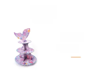 Three-tier mermaid scales themed cardboard cupcake stand with shell and starfish patterns