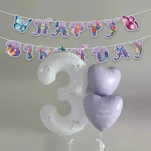 Purple butterfly birthday decoration set with Happy Birthday banner and number 3 balloon