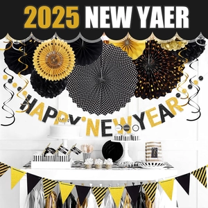 Detailed set of 2025 Happy New Year party decorations in elegant black and gold themes