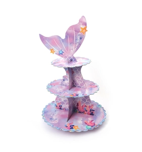 Three-tier mermaid tail cupcake stand with gradient purple and sea element patterns