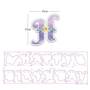 Purple glitter Happy Birthday banner with butterfly and flower design size details