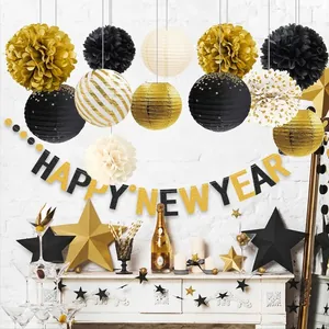 Black and gold Happy New Year party decoration set with banners and paper lanterns