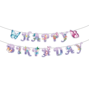 Purple butterfly Happy Birthday banner with glitter letters and floral party decorations