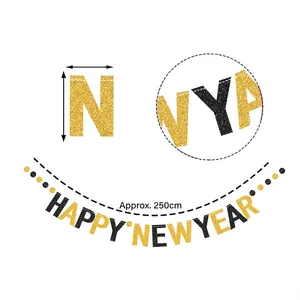 Happy New Year gold glitter letter banner for holiday party hanging decoration, 250cm