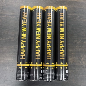 Set of four Happy New Year confetti cannons with yellow text on black tubes