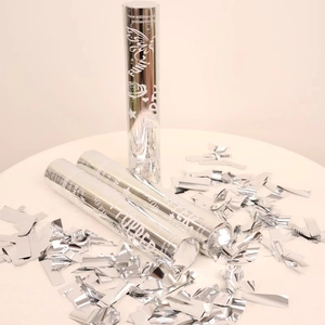 Three silver party poppers with metallic sequins for birthdays and weddings