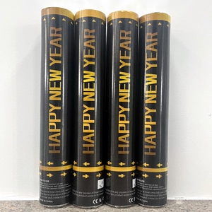 Set of 4 Happy New Year party poppers with gold lettering on black handheld cannons