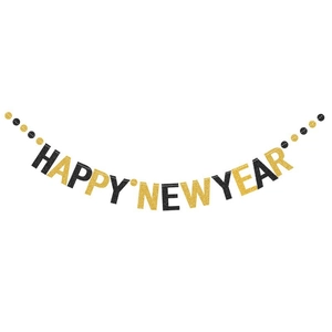 Happy New Year Banner Glitter Paper Black Gold Sewn Letter Flag Garland For New Year Eve Holiday Party Decoration