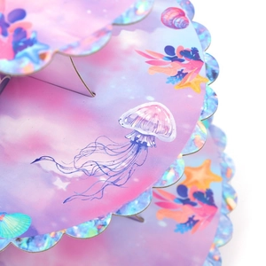 3-tier mermaid theme cupcake stand with iridescent shell and starfish ocean motifs