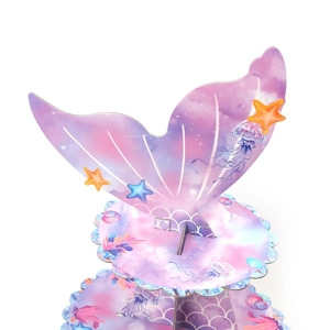 3-tier mermaid tail birthday cake stand with purple gradient scales and ocean patterns