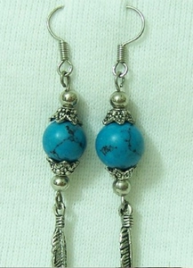 Bohemian silver drop earrings featuring turquoise beads and metallic feather pendants