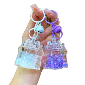 Luminous castle oil keychain with glitter quicksand and purple bubble beads charms