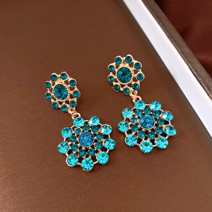 Vintage royal blue rhinestone flower drop earrings with elegant gold setting for women
