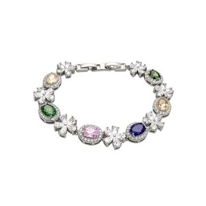 Elegant silver-tone bracelet with colorful oval zircons and flower-shaped crystal clusters