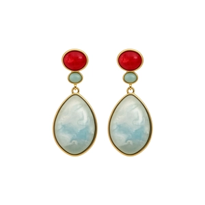 Elegantes pendientes vintage de resina dorada con piedras jaspeadas azules y rojas