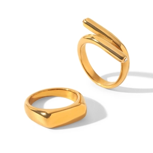 Detail of gold-plated titanium steel rings featuring cross-line and signet designs.