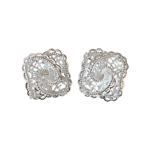 Elegant silver filigree square earrings with sparkling zircon hollow flower design.