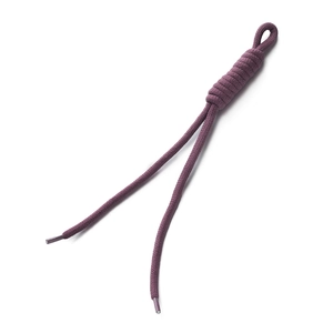 Detailed close-up of dark purple braided cord with loop knot and clear plastic aglet ends