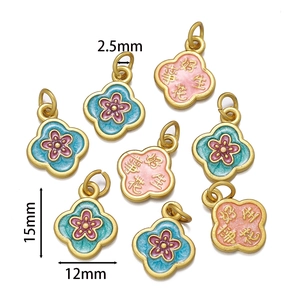 Vue détaillée du pendentif émaillé floral avec dimensions et caractères chinois