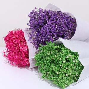 Dried gypsophila bouquets in purple, magenta and lime green for home decor