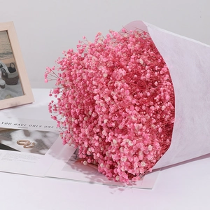 Macro detail of vibrant pink dried baby's breath bouquet in white textured paper wrapping