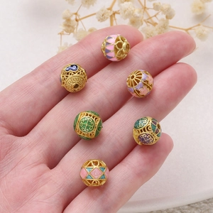 Handcrafted cloisonné enamel hollow round beads in gold for DIY jewelry making