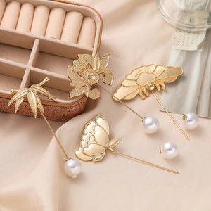 Neo Chinese Style Alloy Stick Pin Brooch Vintage Butterfly Lotus Design With Faux Artificial Pearl For Women Elegant Lapel Pin Jewelry