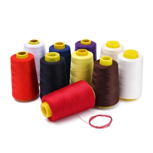 Set of 10 assorted polyester sewing threads on yellow cones for home machines