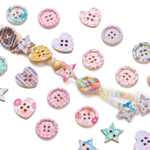 Assorted colorful painted wooden buttons in round heart and star shapes for DIY sewing