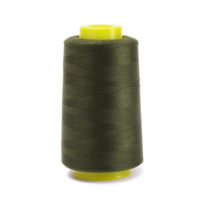 Macro detail of olive green polyester sewing thread on a yellow plastic spool core