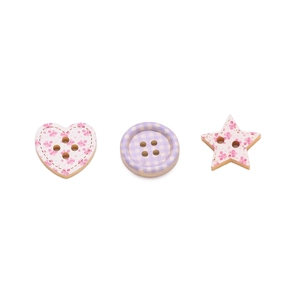 Detail of floral heart, star, and plaid round wooden buttons for DIY sewing crafts