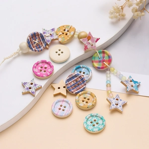 Detail of assorted floral and plaid pattern wooden buttons with DIY beaded ornaments