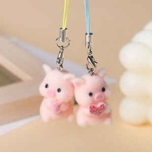 Cute pink flocked resin pig charms with hearts and lobster clasps for DIY crafts