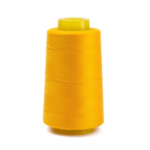 Macro detail of vibrant yellow 402 polyester sewing thread on a plastic cone