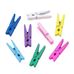 Macro shot of colorful wooden craft pegs with metal springs for DIY photo displays