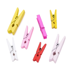Flat lay of colorful wooden clips with metal springs on a clean white background