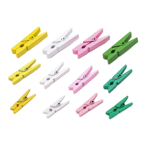 Detailed view of colorful wooden clips in assorted sizes for DIY photo display and crafts
