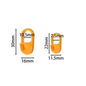 Detailed dimension guide for orange plastic crochet markers and knitting safety pins