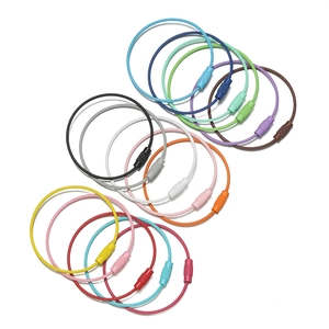 Detail of colorful coated steel wire keychains with secure metal screw barrel connectors