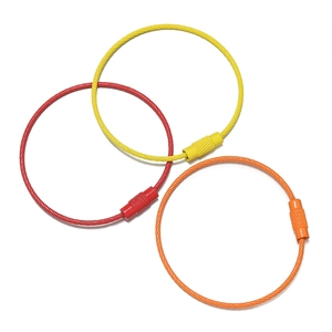 Three colorful steel wire keychains with threaded locking mechanism and anti-slip texture