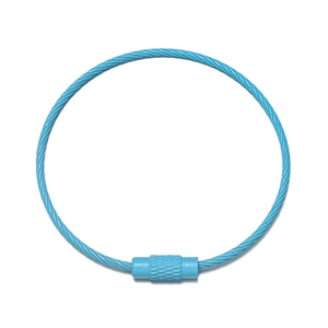 Close-up of blue PVC coated steel wire cable key ring with threaded screw connector