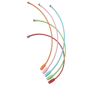Detailed view of colorful coated steel wire keychains with secure screw lock connectors