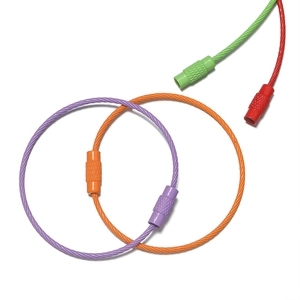 Detail of colorful plastic coated stainless steel wire keychains with secure screw connectors