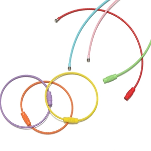 Macro shot of colorful PVC coated steel wire keychains with durable screw connectors