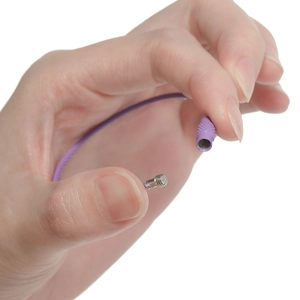 Detail showing purple wire keychain with textured screw locking mechanism on white background
