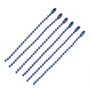 Close-up of seven blue painted metal bead chains with connectors for DIY keychains