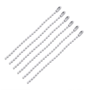 Close-up of six parallel white ball bead chains with secure metal connectors