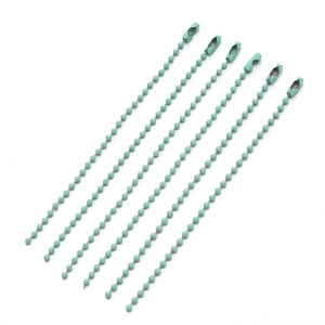 Close-up of mint blue metal bead chains with secure connectors for DIY keychains