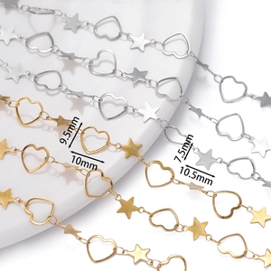 Macro detail of stainless steel heart and star chain links with size measurements